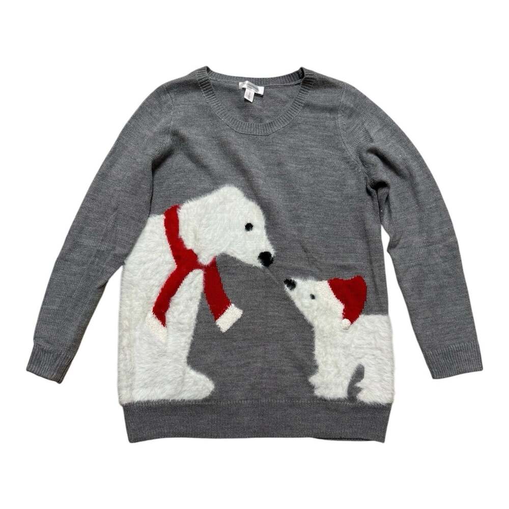 Motherhood Maternity Large Polar Bear Christmas Sweater Gray Fuzzy Mom & Cub